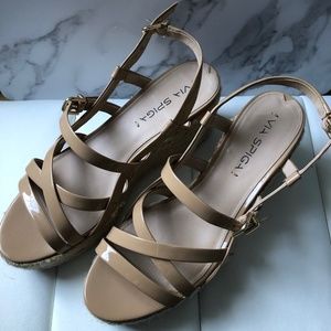 Via Spiga nude patent leather wedge sandals